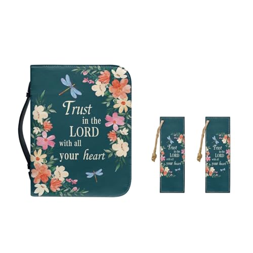 Custodia per bibbia per donne e ragazze pelle PU con segnalibro borsa portatile per riporre oggetti biblici Fiore libellula. L-10.2x7x1.9