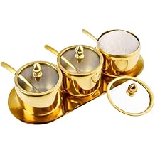 Set of 3 Stainless Steel Sugar Container with Glass Lid and Spoon, Gold 10oz Seasoning Jar Condiment Pots with Serving Tray, Kitchen Canisters Set for Pepper, Salt, Spice, Candy