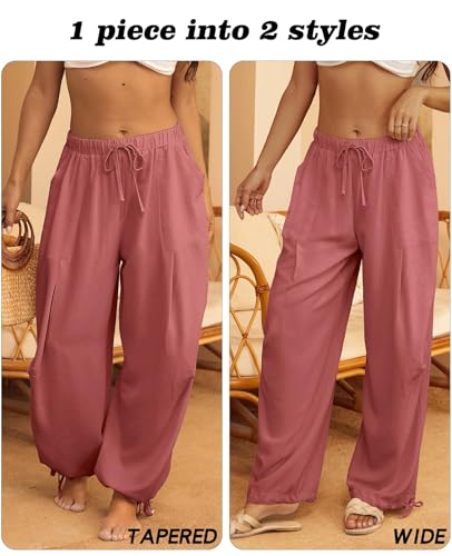 Image of Women's Linen Balloon Barrel Beach Pants Boho Harem Flowy Drawstring Casual Loose Pants with Pockets