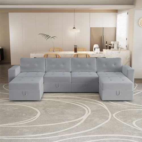 Image of QHITTY U Shaped Sectional Modular Sofa, 6 Seater Accent Couch with Hidden Extra Large Storage Space for Living Room, Grey