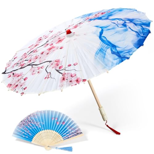 Maitys 2 Pcs Silk Wedding Oiled Parasol and Hand Fan Set 32 Inch Silk Cloth Umbrella Chinese Japanese Bamboo Folding Fan for Bridal Church Party Gifts Performance Dancing Decoration