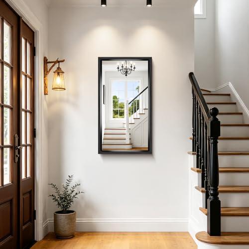 Image of Bathroom Mirror, 20 x 36 inch Brushed Black Rectangle Mirror, 0.6 inch Thickened Deep Metal Frame Rectangular Vanity Mirror, Wall Mounted Mirror for Bedroom Living Room, Horizontal or Vertical