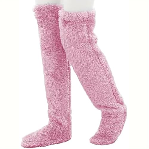 ZNDFTW Long Fluffy Over Knee Socks - Winter Plush Cozy Thermal Socks Slippers - One Size Tall Pink