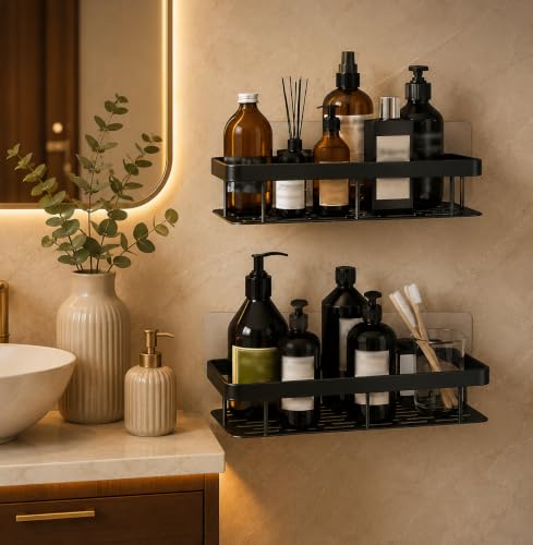 Image of OSLEN Pack of 2 Self Adhesive Bathroom Shelf, Metal Wall Mounted Shower Storage Rack, No Drill Bathroom Shelf Organizer, Rust Proof Storage Rack for Bathroom & Kitchen, Strong Adhesive, Black