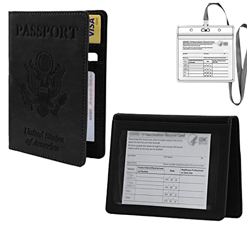 MUMUBREAL PU Leather Passport and Vaccine Card Holder Combo, Passport Holder With Vaccine Card Slot, Vaccine Card Waterproof Protector Black