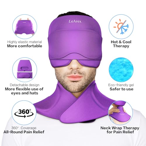 Image of 3 in 1 Migraine Relief Cap Neck Ice Pack Wrap Gel and Ice Eye Masks, Detachable Ice Caps with Eyes Masks, Hot and Cold Therapy for Relief of Headaches, Stiff Neck and Eye Fatigue (Purple)