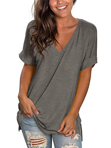 Image of Sampeel Women's V Neck T Shirts Casual Rolled Short Sleeve Side Split Summer Tops Loose Fit