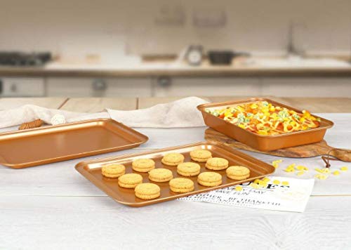Copperkitchen Original Cookie Sheet & Roasting Tray Set - 3 Pcs Toxic Free Nonstick - Organic Environmental Friendly Premium Coating - Durable Quality - 2 X Baking Sheets 1 X Roasting Pan - Bakeware #TOP1
