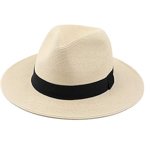 Melesh Straw Fedora Hat for Women Men Fine Braid Wide Brim Sun Beach Panama Hat, Beige, M Cover
