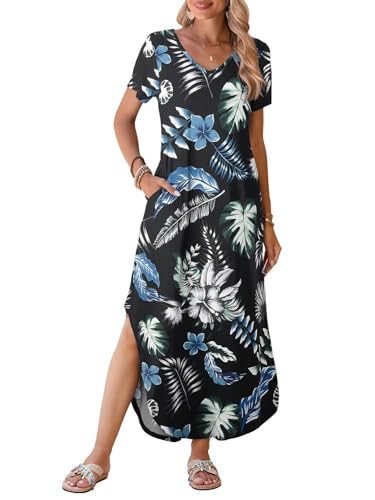 Image of BELAROI Plus Size Maxi Dress for Women Summer Casual V Neck Short Sleeve Long Dress with Pockets Beach Vacation Cover Up