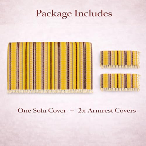 Image of STITCHNEST Woven 1 Seater Sofa Protector with 2 Hand Rest Covers - Yellow & White Stripe Design - Washable Fabric with Tassels - Stylish Sofa Cover for Modern Living Room & Furniture Decor