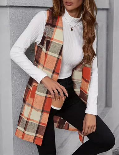 IDEALSANXUN Long Plaid Vest for Women Fall Winter Trench Coat Sleeveless Blazer Jacket Cardigan Wool Vest Top Waistcoat4