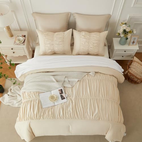 Image of Ruched Ruffle Comforter Set Queen - 3 Piece Wheat Checkered Bedding Set - Aesthetic Cottagecore Ruffled Farmhouse Comforter with 2 Pillow Shams - Soft, Lightweight All Season Bedding (90 inchx90 inch)