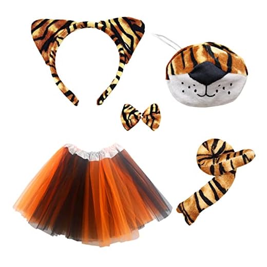 MIVAIUN Set de 5 Disfraces de Tigre Set de Disfraces de Animal,Tigre Diadema Cola Nariz Lazo Tutú Falda Set,Jungle Disfraces Accesorios para Adultos Niños Carnaval Cosplay Halloween (Tigre)