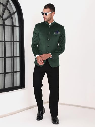Image of MANQ Men Slim Fit Bandhgala Velvet Blazer - Mandarin Collar, Button Closure, Long Sleeves, Solid Ethnic Winter Wear with Three Pockets for Adults