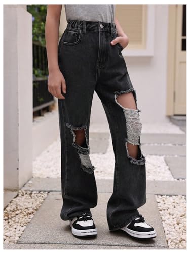 Verdusa Girl's Casual Distressed Ripped Elastic Waist Wide Leg Denim Pants Jeans4