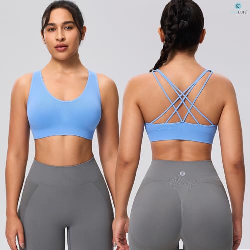 Image of Women's Cross Back Sport Bras, Seamless Padded Strappy High Support Yoga