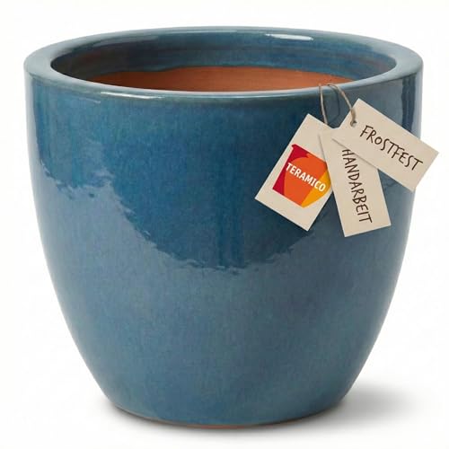 Teramico Vaso per piante in ceramica smaltata, 100% resistente al gelo e fatto a mano. Fioriera con foro per esterni e interni. Vaso di alta qualità, unico, resistente all'inverno (21 cm x 18 cm