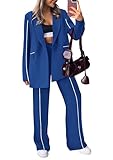 PRETTYGARDEN Women's Fall Spring 2 Piece Blazer Outfits Business Casual Oversized Jacket Wide Leg Work Pants Dressy Suit Set (Royal Blue,Medium)
