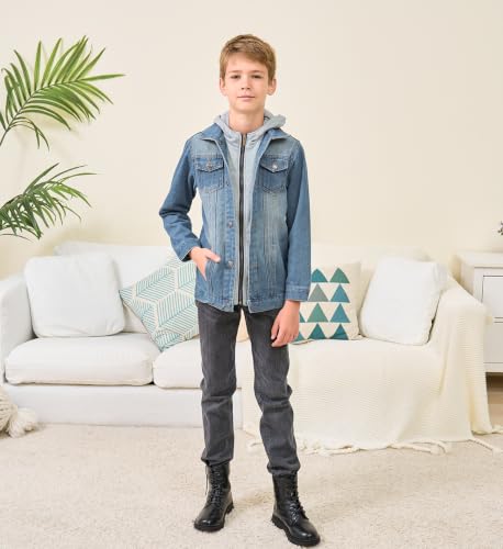 Image of Mallimoda Kids Boys Girls Hooded Denim Jacket | Jean Jacket for Boys Girls, Lightweight Coat with Hood, Zip Up Casual Outerwear, Spring Fall Fashion Clothes, Outdoor Wear