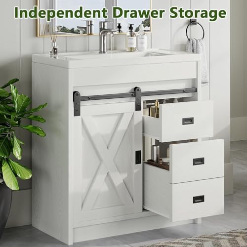 4ever2buy 31\" Farmhouse Bathroom Vanity with Sink, White Sliding Barn Door Bathroom Vanity Cabinet with Storage Drawers, Small Single Bath Storage Vanity Sink