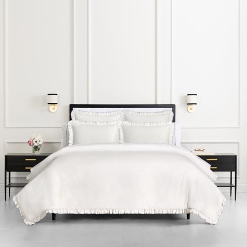Image of kate spade new york Cotton Ruffle Full Queen Comforter Set, Cotton Linen-Like Reversible Cover, All Season 3 Piece Bedding Set, Machine Washable, White and Glacier Gray