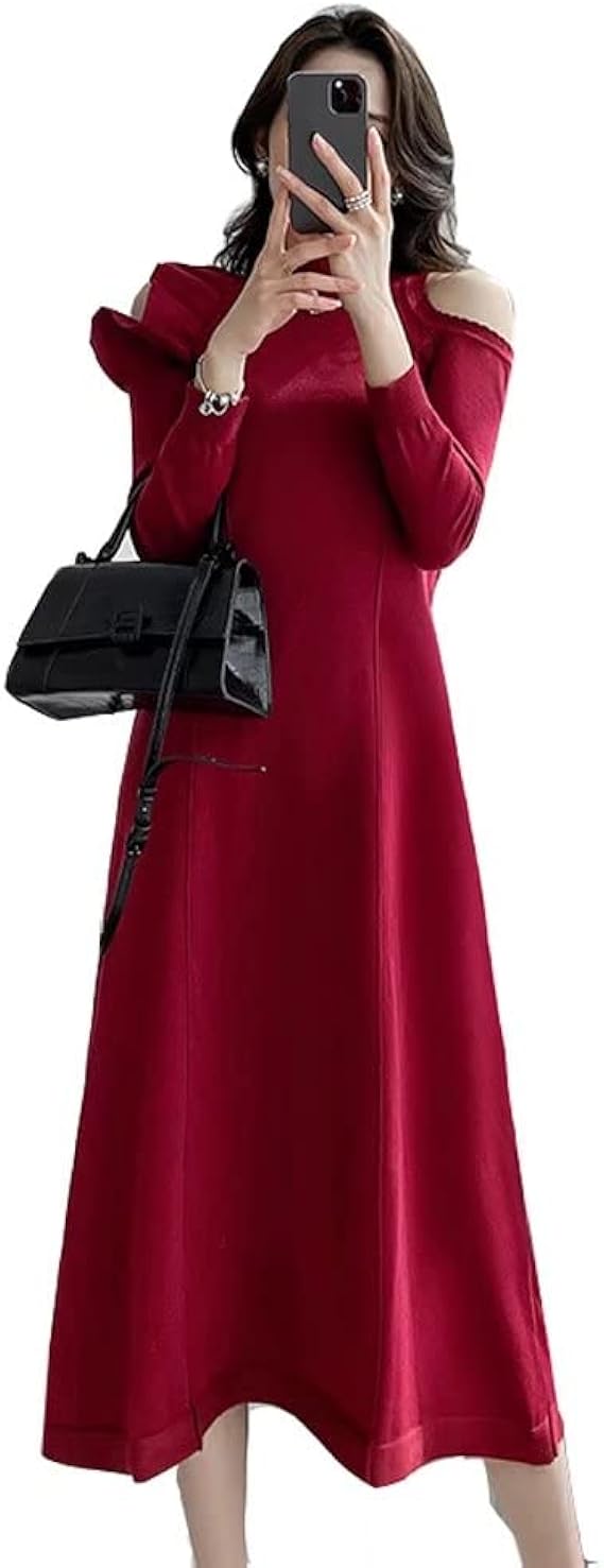 Amazon Co Jp ニットワンピース レディース ワンピ ロング丈 肩出し ニットウェア 長袖ワンピース 春秋冬 Aライン 女性用 セーター生地 通勤 着痩せ コーデ 無地 L ワイン 服 ファッション小物