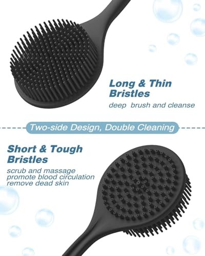 Image of DOCAT Premium Soft Silicone Body Scrubber for Bathing Shower, Long Handle Back Scrubber for Bathing, Long Lasting Body Scrubber for Women and Men Bath & Shower Accessories (Black)