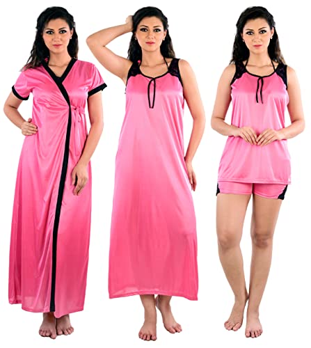 Image of Women's Red Nightwear Nightdress Nighty with Robe 4pc Set (Long Robe, Long Nighty, Top & Shorts)