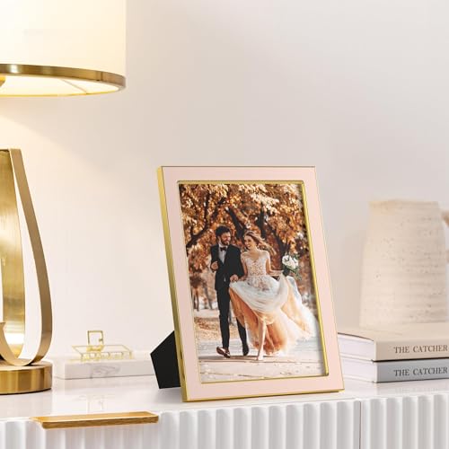 Image of eletecpro 5x7 Enamel Picture Frame Set of 2 with Real Glass Cover, Cute Photo Frame with Gold Metal Edge, Horizontal and Vertical Display Pictures 5 by 7 for Tabletop and Wall Decor, Pink