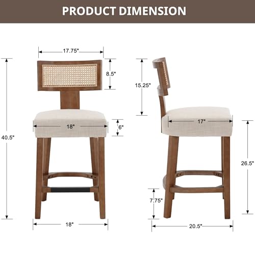 LIVINOVA 26’’ Rattan Barstools with Back Counter Height Bar Stools Set of 3, Modern Farmhouse Beige Linen Upholstered Wicker Counter Stools, Woven Boho Bar Height Stools with Natural Wood Frame