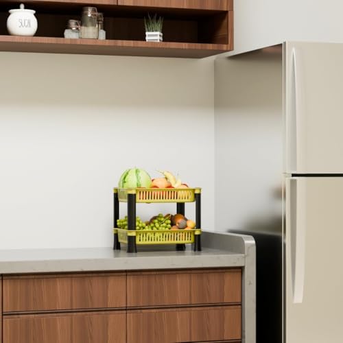 Image of Multipurpose Plastic Storage Rack for Kitchen | Foldable Vegetable & Fruit Organizer Stand for Onion, Potato, Sabji | Countertop Multi-Layer Basket Rack for Home, (Yellow, 2 layer)