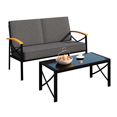 Jamfly Metal Outdoor Patio Loveseat Sofas Set 2 Piece, Outside Patio Couch Conversation Balcony Furniture Set With Coffee Table And Removable & Washable Cushion #TOP6