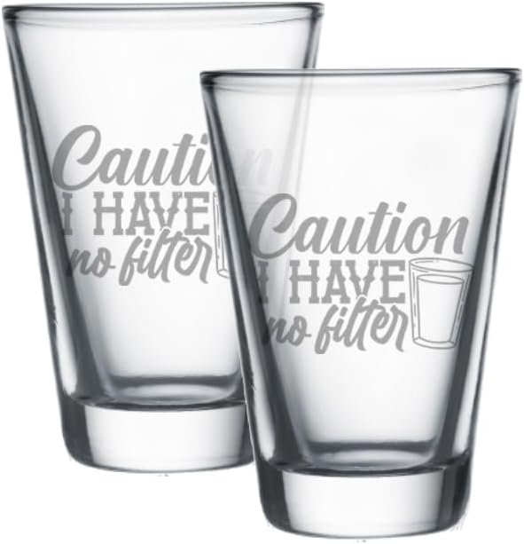 Hat Shark Funny Shot Drink Quote - Shot Glass Sets, 1.75oz Laser Etched Engraving Glassware Gift For Home Bar, Men, Women, Birthdays, or Decor (Caution I Have No Filter (SET OF 2))