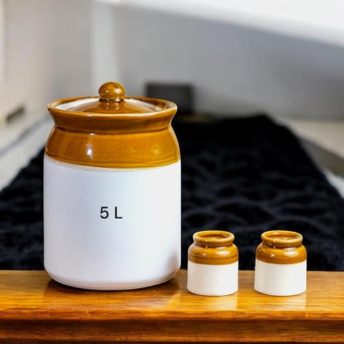 Image of 5Kg Ceramic Martban Pickle Jar - Traditional 5L Handmade Bharani With Salt & Pepper Shakers - Decorative Achaar Container For Pickles - Ceramic Jars For Kitchen Storage (Pack of 3),White
