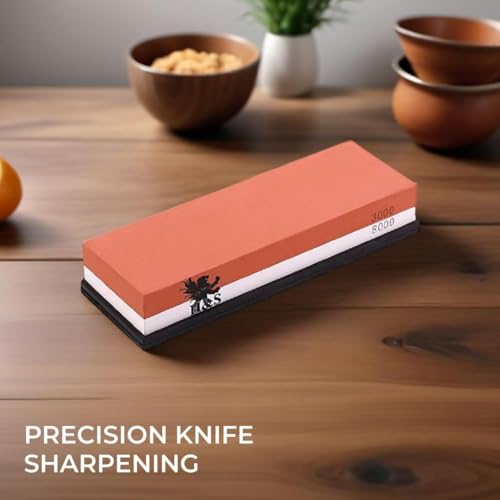 H&S Professional Whetstone Knife Sharpening Stone - 3000/8000 Grit Whetstone with Rubber Holder - Wet Stone 4000 Grit for Knives - Image 4
