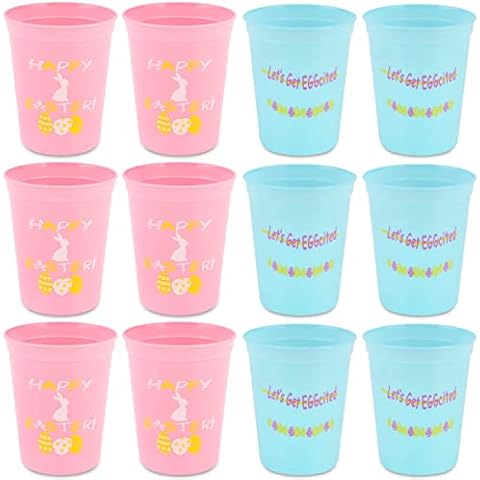 Easter Disposable Plastic Party Cups - 12 Pack Reusable Tumblers, 16oz Plastic Stadium Cups, ''HAPPY EASTER'' and ''Let's Get EGGcited'' Designs, Perfect for Easter Day Party Supplies Cover