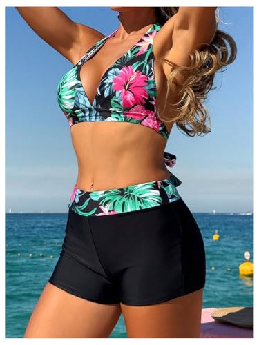 MakeMeChic Women's 2 Piece Bikini Sets Tropical Print Halter Tie Back Summer Bathing Suit4