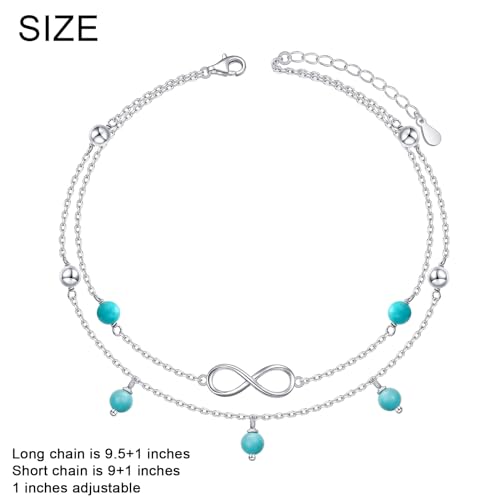 Image of Flyow Anklet for Women S925 Sterling Silver Adjustable Foot Beaded Heart Charm Ankle Bracelet Anklets Jewelry