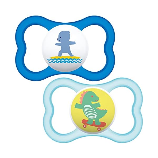 MAM Air Soothers 6+ Months (Pack of 2), Baby Soothers with Sterilisable Travel Case, Baby Essentials, Blue (Designs May…