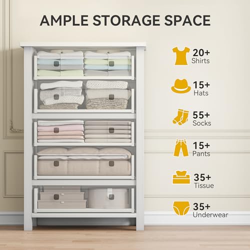 DWVO Farmhouse 5 Drawer Dresser for Bedroom with Power Outlets, Modern Tall Nightstand with Deep Drawers, Wood White Closet Dresser for Living Room, Entryway, Hallway