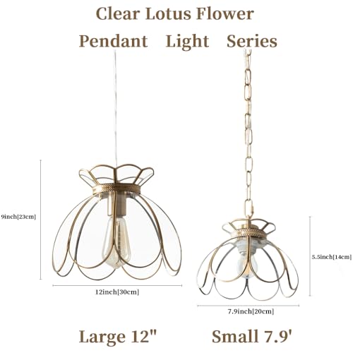 Image of Brass Glass Ceiling Pendant Light, Hanging Chain lamp, with Vintage Lotus Flower Clear Glass Shade for Kitchen Island Dining Room Bedroom Living Room-7.9 inch Shade