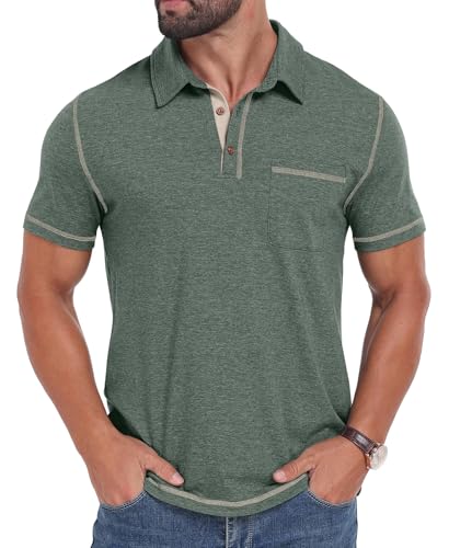 Image of PrinStory Mens Polo Shirts Short Sleeve Summer Men's Casual Golf Polos T-Shirts with Pocket (Green, L)
