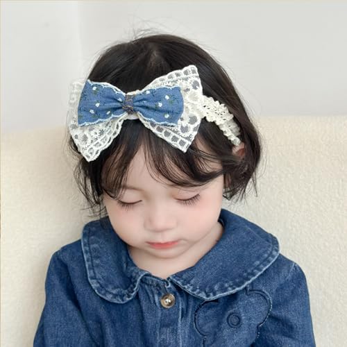 Baby Girls Hairbands Bow Lace Headband Handmade Soft Stretchy Pink Bowknot Hairbands Newborn Hairband with Bows Elastic Hair Bands for Kids Infant(Blue Denim Bow3
