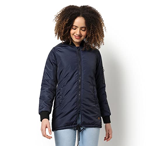 Image of PINACOLADA Women Blue Puffer Regular Fit Bomber Jacket For Winter Wear | Low-Cut Standing Collar | Full Sleeve | Zipper | Casual Jacket For Woman & Girl | Western Stylish Jacket For Women