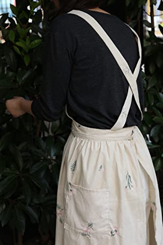 Losofar Embroidered Cotton Pleated Apron Retro Waterdrop Proof Garden Cleaning Pinafore Dress (Floral Beige, 103Cmx86Cm) #TOP5