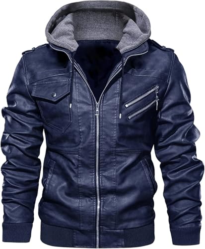 Image of Blaq Ash Men's Faux Leather Hooded Motorcycle Jacket, Zip-Up, with Pockets, Removable Hood