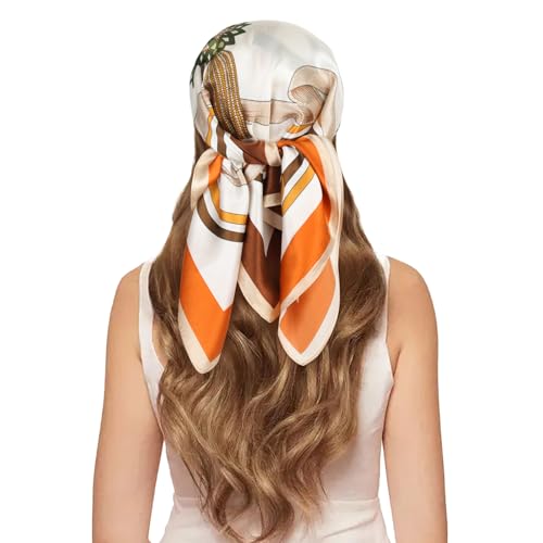 EXTREE 100% Pure Mulberry Silk Scarf Fashion Hair for Women Scarf Lightweight Square Neckerchief 27.5× 27.5 inches Gorgeous Orange Coffee