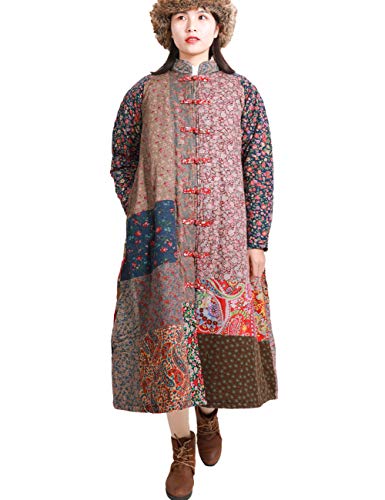 LUZU JUNU LZJN Women's Trench Coat Floral Print Jacket Chinese Style Patchwork Outwear (B Warm Quilted)