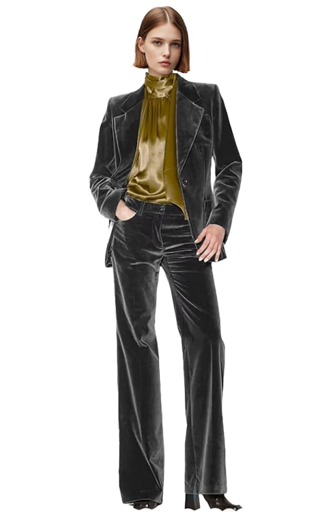 Botong Velvet Womens Formal Suit Set Peak Lapel Office Work Outfit Professional Business Suit Dark Grey XXL